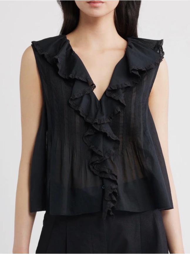 Doen Hilda Pintuck Sleeveless Organic Cotton Top Ruffle Babydoll Medium M Blouse